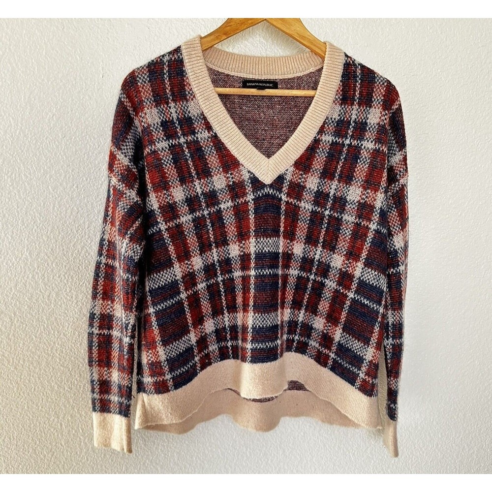 Banana Republic Womens Plaid Mohair Sweater Maroon